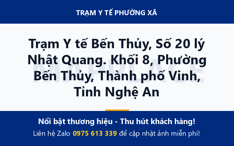 Trạm Y tế Bến Thủy, Số 20 lý Nhật Quang. Khối 8, Phường Bến Thủy, Thành phố Vinh, Tỉnh Nghệ An
